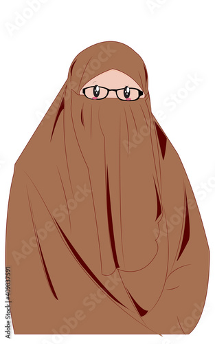 illustration cartoon of a cute muslim woman in a niqab hijab with glasses 