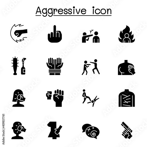 Set of Violence Related Vector Icons. Contains such Icons as human trafficking, sexual harassment, bully, angry, hit, rude, brawl and more.