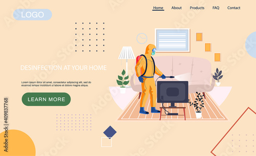 Disinfection in your home landing page temlate with sanitary worker disinfects living room to kill viruses and bacteria. Male character in protective suit sprays room with disinfectant solute