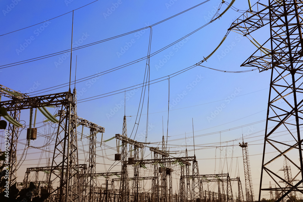 Modern electrical substation on sunny day, low angle view