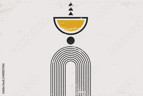 Abstract minimal line art wallpaper, rainbow black white and yellow geometric shapes vector illustration, mid century artistic design