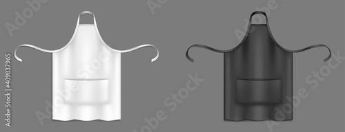 Chef aprons, black and white cook uniform 3d vector mockup. Kitchen or bakery staff bibs or pinafore with front pocket realistic templates. Restaurant, cafe and barbecue party garment isolated design