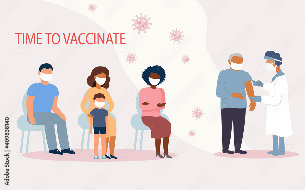 queue of different people for vaccination against coronavirus. The concept of protecting the population from a global pandemic. A doctor with a syringe in hand, glove and mask, gives an injection.