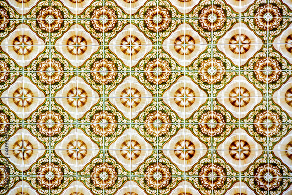 Traditional green, rust, gold and white Portuguese wall tiles
