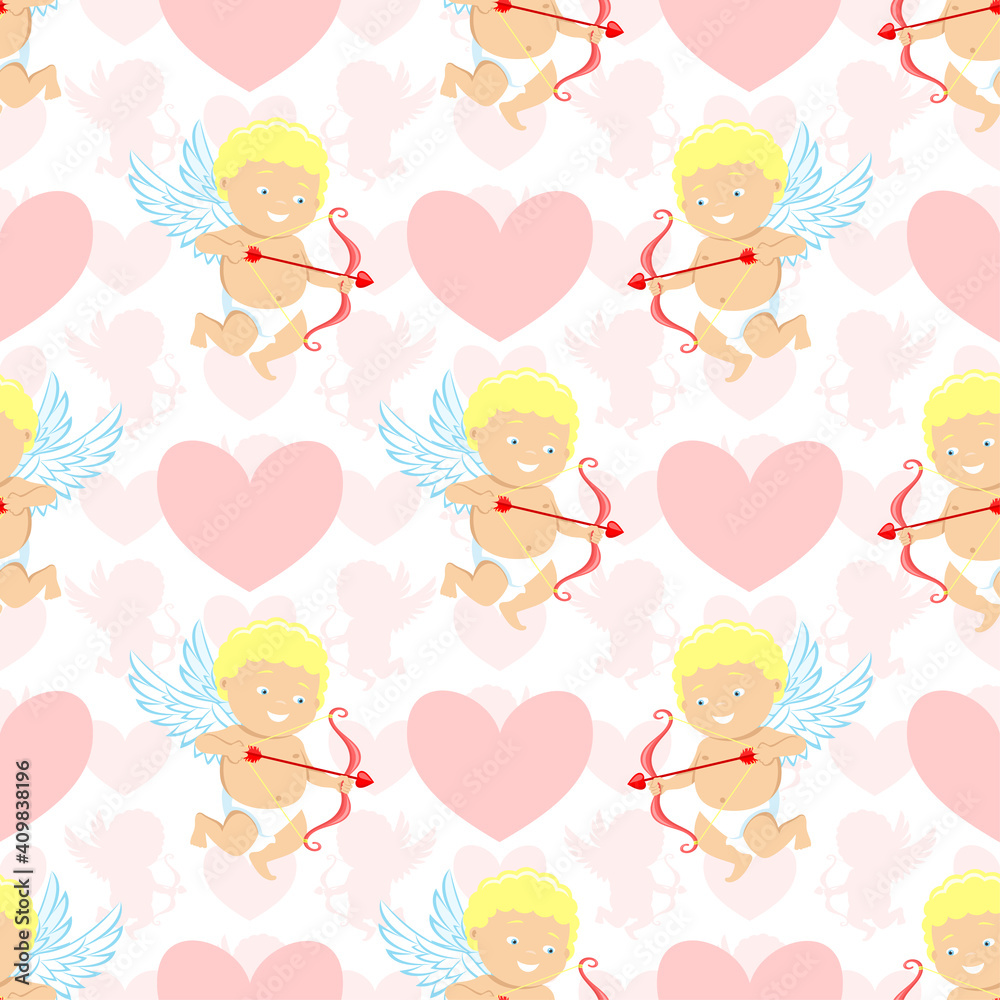 Seamless pattern with cupids and pink love hearts on white background. Seamless pattern with cupids and pink love hearts on white background.