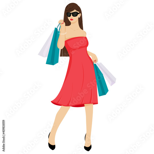 A beautiful girl in a dress is shopping. The girl with the bags. Fashionable. Vector illustration in cartoon style. Isolated on a white background.