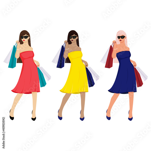 A beautiful girl in a dress is shopping. The girl with the bags. Fashionable. Vector illustration in cartoon style. Isolated on a white background.