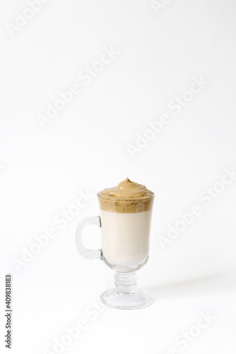 Dalgon s trending drink is coffee. Coffee mug in clear glass on a white background
