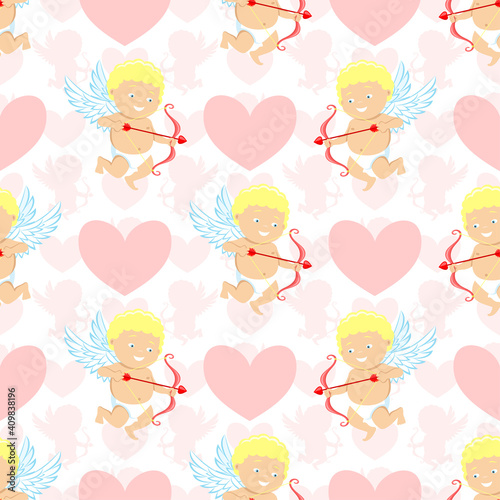 Seamless pattern with cupids and pink love hearts on white background.