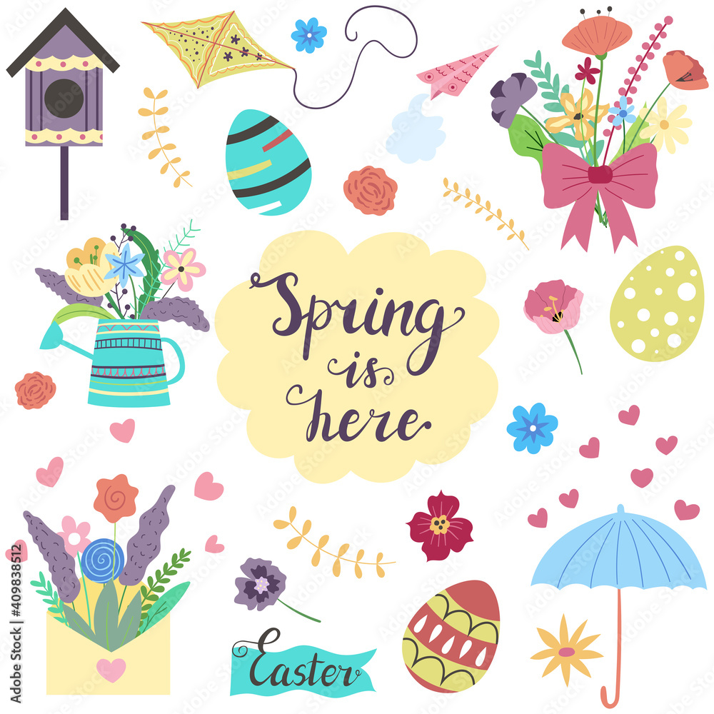 Spring is here text with colorful flowers and eggs Spring is here text with colorful flowers and eggs