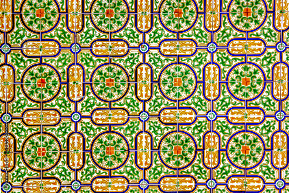Traditional green, yellow, blue, orange and white Portuguese wall tiles