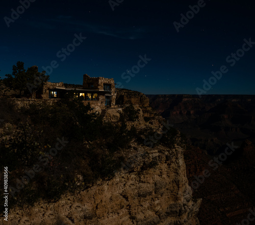 Moon lit Lookout Studio at night, Grand Canyon at night with moon and stars, Grand Canyon National Park douth Rim near Flagstaff, Arizona, USA