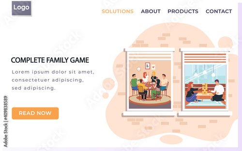 Complete family game landing page template with people playing board game and jenga at home. Happy people spending time together having fun enjoying games. Indoor entertainment for adults and children