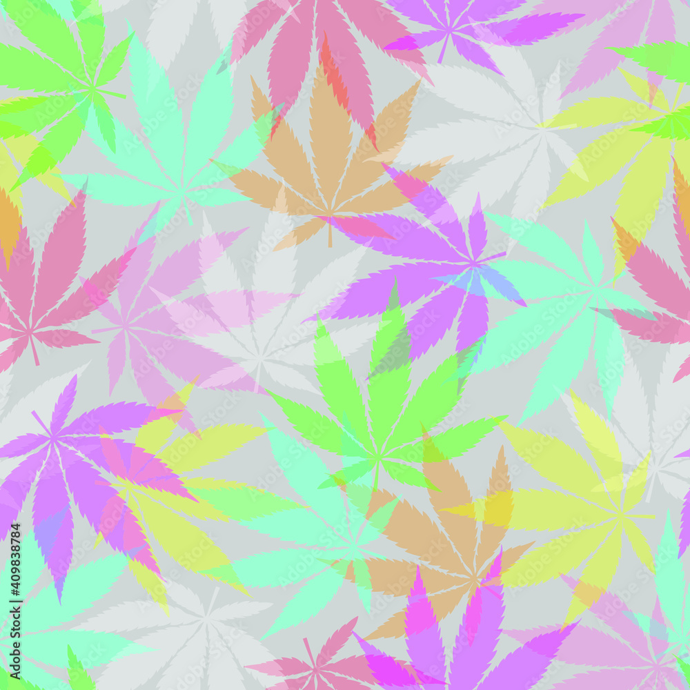 bright seamless pattern with hemp leaves, colorful herbal background