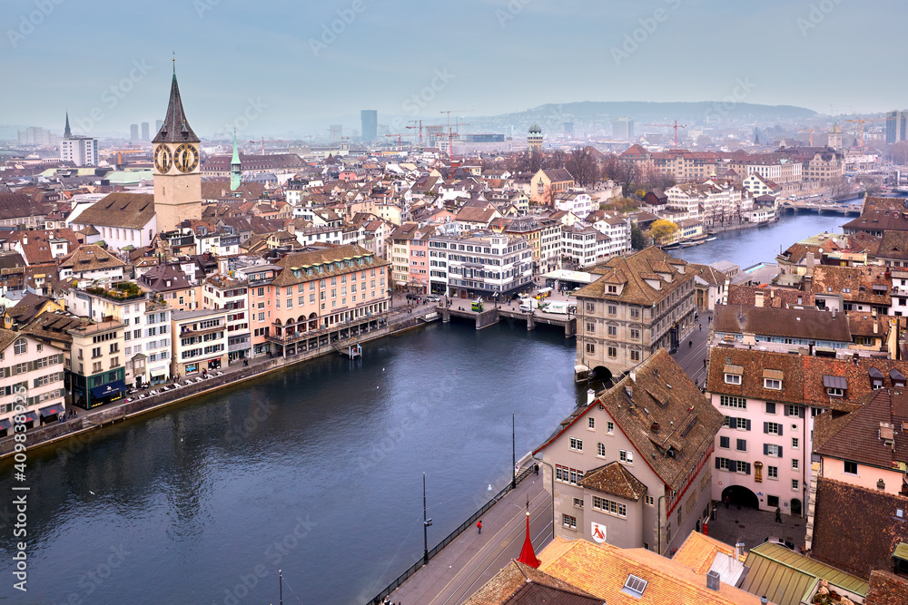 aerial view of Zurich skyline and the Limmat river, Switzerland