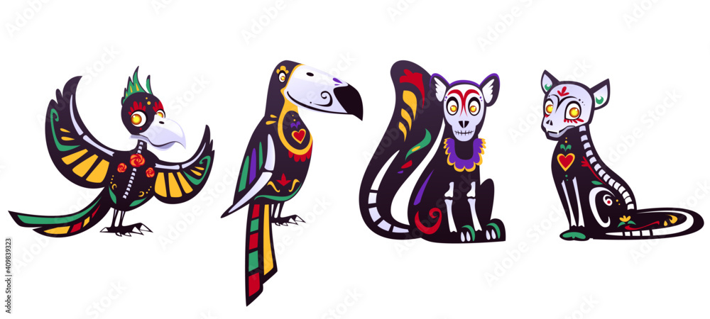 Fototapeta premium Day of the dead, Dia de los muertos, parrot, toucan, lemur, cat skulls and skeleton decorated with colorful Mexican elements and flowers. Fiesta, Halloween holiday party, Cartoon vector illustration