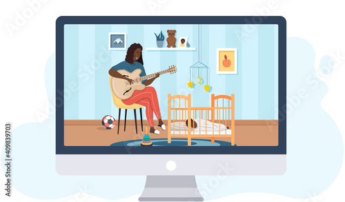 Mother plays guitar, sings lullaby put child in baby crib. Healthy kid, happy family, maternity leave and glad motherhood. African american woman spend time at home with her infant in childrens room