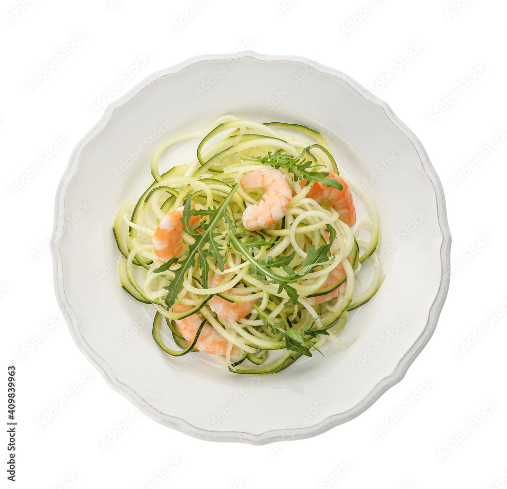 Tasty zucchini pasta with shrimps and arugula isolated on white, top view Tasty zucchini pasta with shrimps and arugula isolated on white, top view
