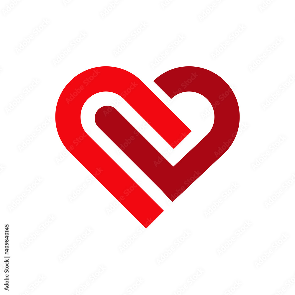Día de San Valentín. Logotipo dos corazones unidos con lineas en color rojo