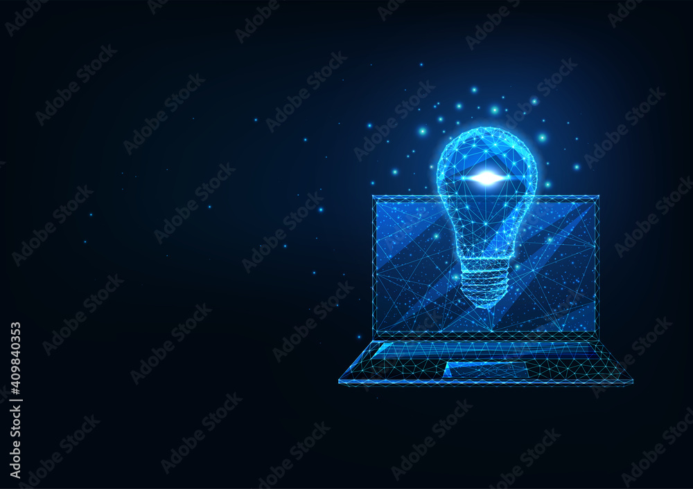 Futuristic creative business idea concept with glowing low polygonal laptop and light bulb Futuristic creative business idea concept with glowing low polygonal laptop and light bulb