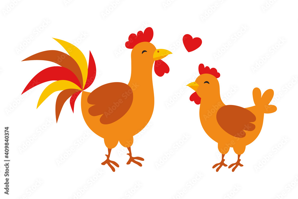 Vector cock and hen on white background