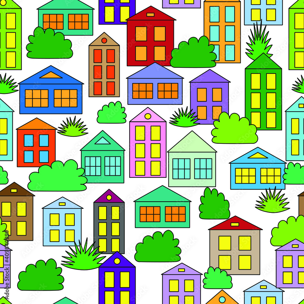 seamless colorful pattern with houses and plants on a white background