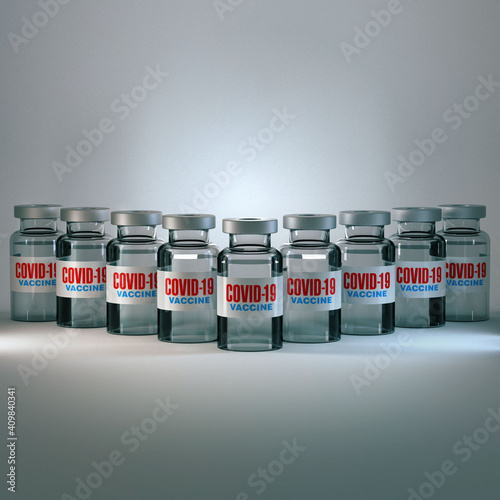 A group of Coronavirus codid-19 vaccine vials on a white background.