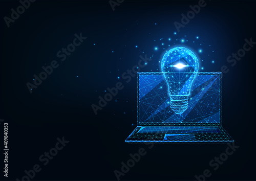 Futuristic creative business idea concept with glowing low polygonal laptop and light bulb