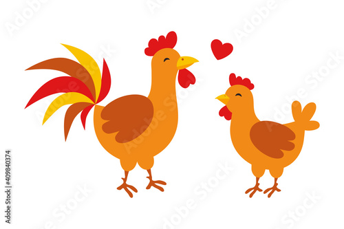 Vector cock and hen on white background