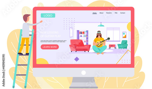 Website with new lessons of guitar play. Guy looks at monitor with image of bard playing ukulele. Person creates music on screen. Guitarist composes songs and performs his own melody on guitar