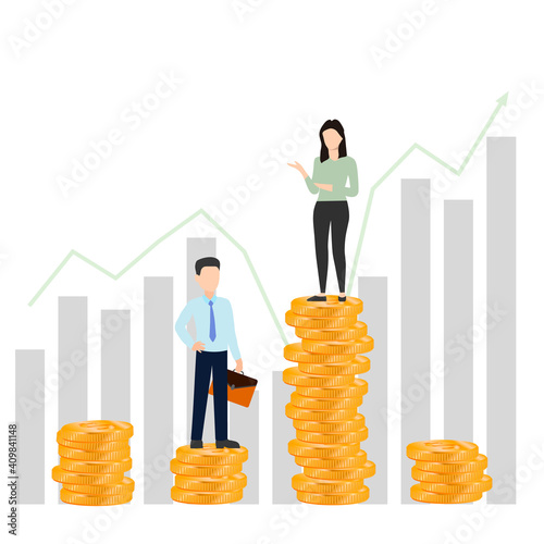 Successful business man and woman standing on top of lifting stack of gold coins