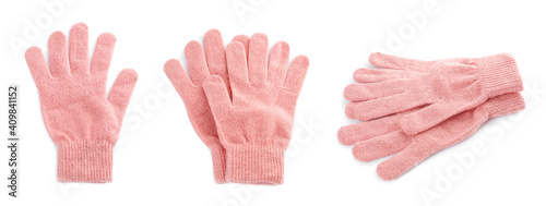 Set of pink woolen gloves on white background. Banner design photo