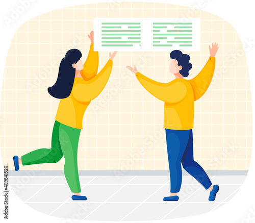 People holding board with text over their heads, working analysts. Business people and information block. Vector flat illustration with man and woman advertise products and pay attention to something