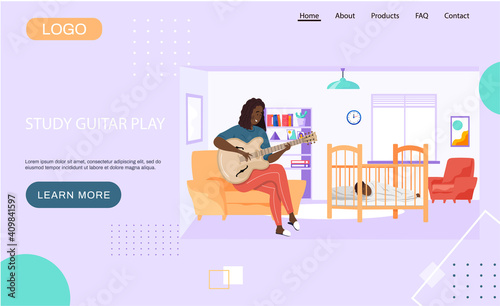 Website about study guitar play. Mom singing lullaby to baby. Guitarist with instrument. Afro american musician creates music. Mother plays strings on musical instrument. Family rest together at home