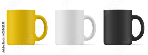 Vector realistic mockup (template, layout) of a matte mug for drinks front view. White, black, yellow blank isolated cup. EPS 10
