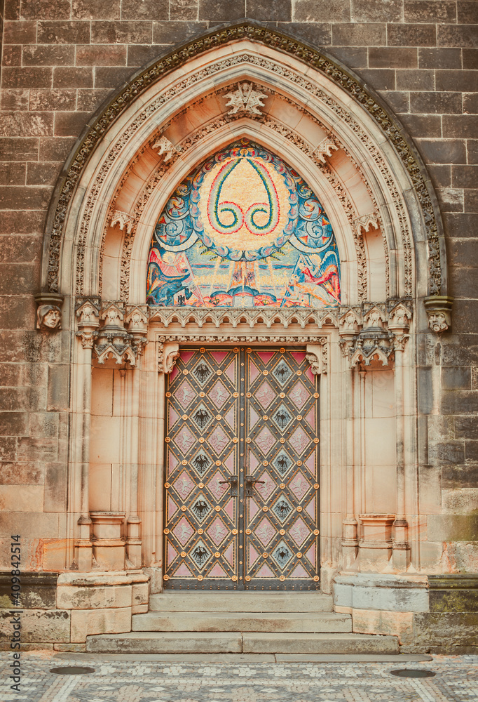 PRAGUE, CZECH REPUBLIC - July 24, 2013:Ornamented entrance doors to Basilica. Prague, Czech Republic.