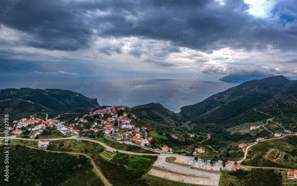 Aerial panoramic view over Chora the beautiful old Village of Alonnisos island, Sporades, Greece Aerial panoramic view over Chora the beautiful old Village of Alonnisos island, Sporades, Greece