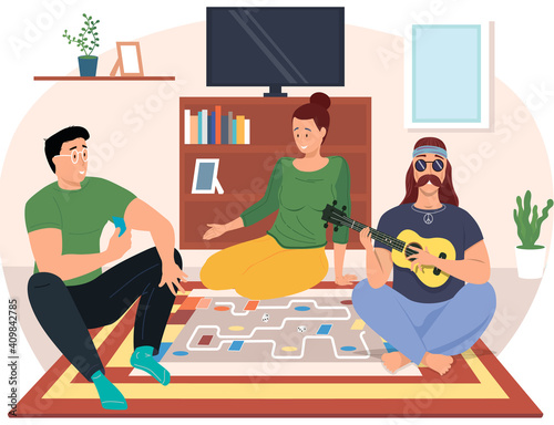 Friends with board game on floor. Male bard playing guitar or ukulele vector illustration. People roll dice and spend time together. Character creates music. Musician plumbing strings on instrument