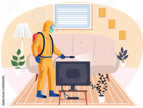 Man in protective suit disinfects living room with spray gun. Prevention against spread of disease. Premises sanitization. Sanitary inspection worker disinfects tv. Person sprays liquid from cylinder