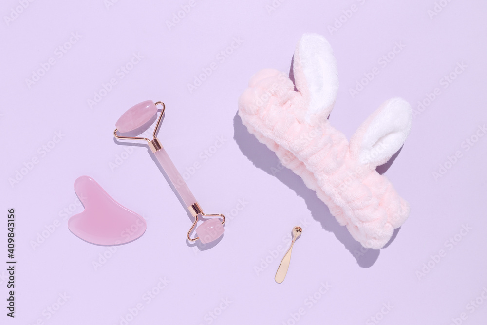 Self-care set. Face rollers, massager guasha scraper. Flat lay. space for text. Self-care set. Face rollers, massager guasha scraper. Flat lay. space for text.