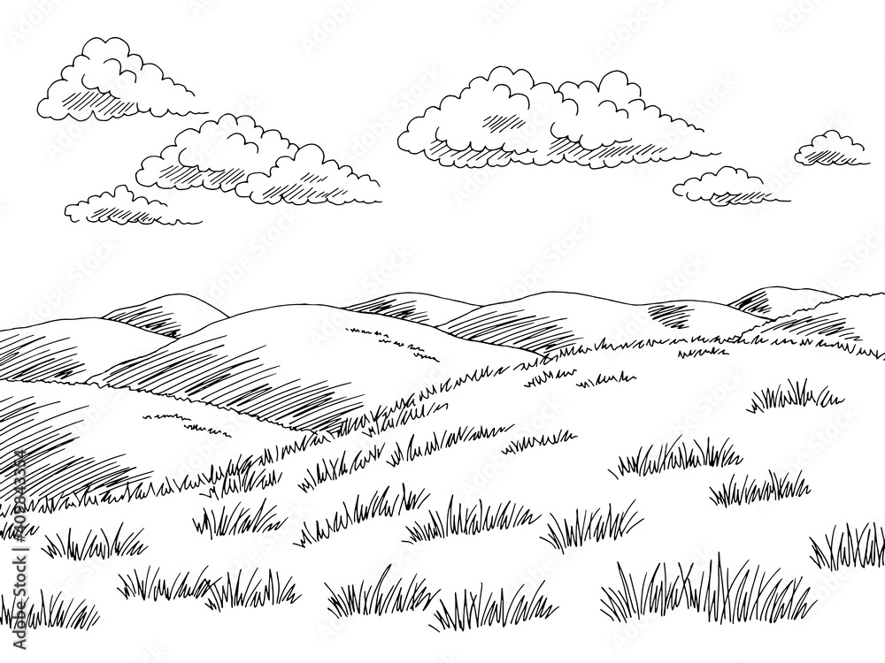 Hills graphic black white landscape sketch illustration vector - obrazy, fototapety, plakaty 