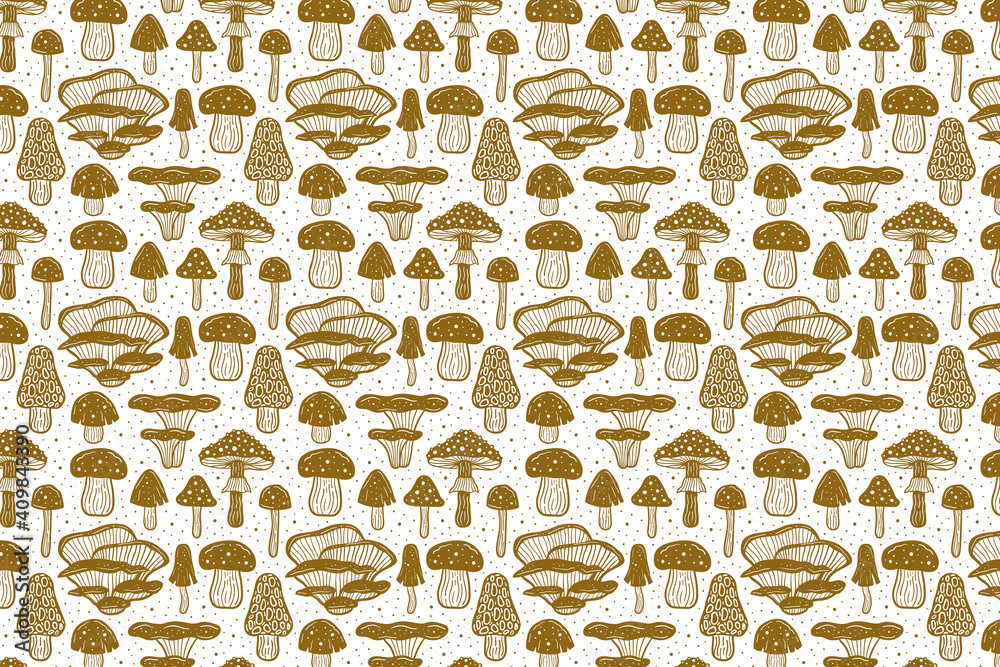 Forest mushrooms. Pattern, texture, background. Packaging design. Ink vector. Golden monochrome design. Botanic, nature. Forest mushrooms. Pattern, texture, background. Packaging design. Ink vector. Golden monochrome design. Botanic, nature.