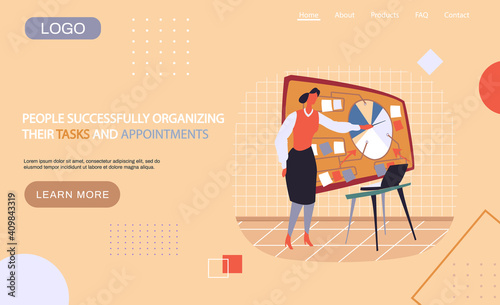 People successfully organizing their tasks and appointments landing page template, businesswoman draws schema on blackboard and planning. Time management and problem execution control, schedulling photo