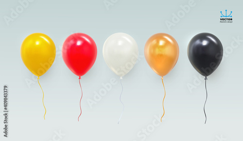 Realistic red  yellow  black  white and glossy golden balloon. Glossy realistic 3d balloon for Birthday party. For your design and business. Vector illustration. Isolated on white background.