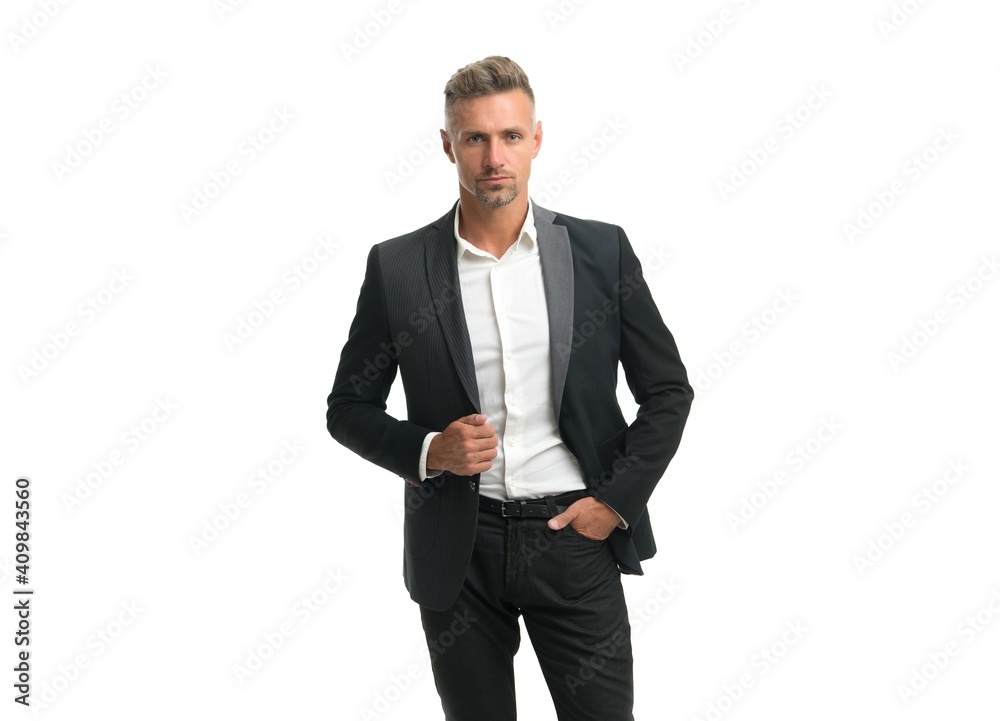 Serious man of law wear formal suit with classic look isolated on white, lawyer Serious man of law wear formal suit with classic look isolated on white, lawyer