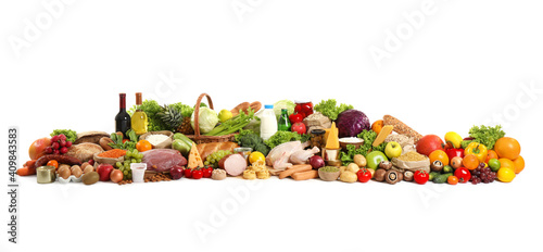 Different products on white background. Healthy food and balanced diet