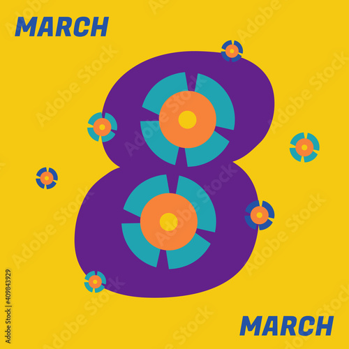 Women's day, 8 March. Vector illustration with elements, flowers on a solid yellow background. Suitable for social media, mobile apps, marketing materials.