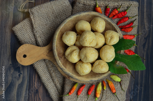 Tahu bulat or rounded tofu food made from soybean, traditional food from west java indonesia photo