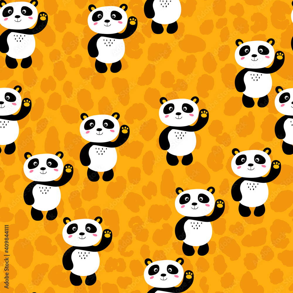 Fototapeta premium Seamless pattern with cute panda baby on color background. Funny asian animals. Card, postcards for kids. Flat vector illustration for fabric, textile, wallpaper, poster, gift wrapping paper.