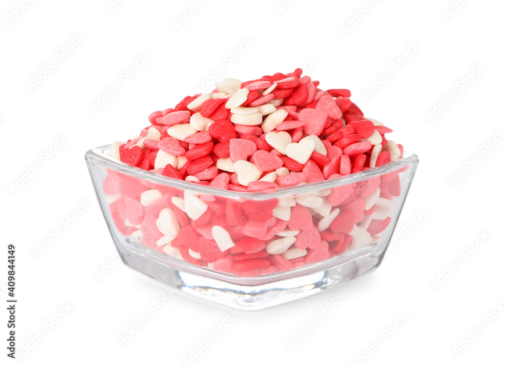 Bright heart shaped sprinkles in glass bowl isolated on white Bright heart shaped sprinkles in glass bowl isolated on white